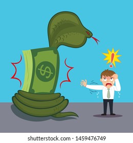 Businessman panic with snake encircles money, illustration vector cartoon

