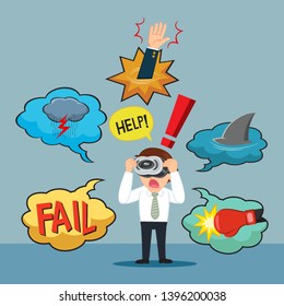 Businessman panic in virtual reality glasses, illustration vector cartoon

