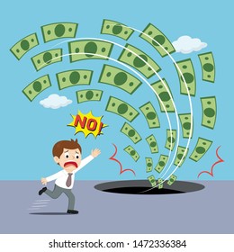Businessman panic when money down drain, illustration vector cartoon