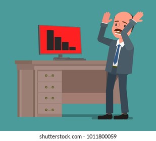 The businessman is panicking when he sees a fall in the indicators. Vector illustration, a flat style design. Suitable for animation (individual segments).