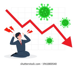 Businessman panics about the negative graph with viruses. The creative concept idea of economic crisis from covid-19 or coronavirus. Simple trendy cute vector illustration. Flat style graphic element.