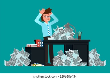 Businessman panics ghost heaps of papers. Vector illustration, flat design drawing.