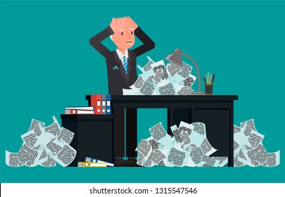 Businessman panics ghost heaps of papers. Vector illustration, flat design drawing.