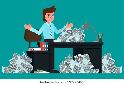 Businessman panics ghost heaps of papers. Vector illustration, flat design drawing.