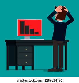 A businessman panics at the sight of a decrease in the indicator on the computer screen.  Vector illustration, flat design drawing.