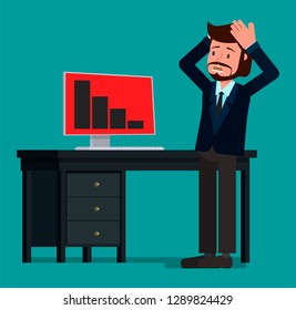 A businessman panics at the sight of a decrease in the indicator on the computer screen.  Vector illustration, flat design drawing.