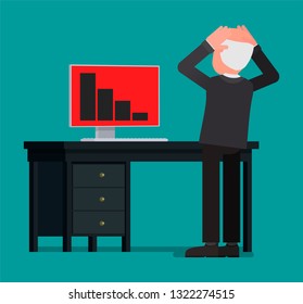 A businessman panics at the sight of a decrease in the indicator on the computer screen.  Vector illustration, flat design drawing.