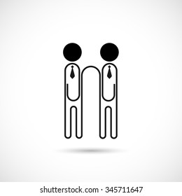 Businessman and paper clip logo design vector template. Team, partners, friends or partnership logotype. Together union symbol of friendship. Business teamwork cooperation icon. Vector illustration