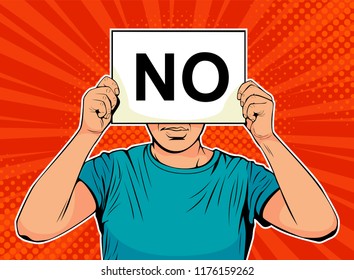 Businessman with paper and word NO in front of face. Colorful illustration in pop art retro comic style.