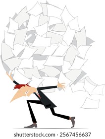 Businessman. Paperwork. Big pile of papers. 
Businessman. File clerk carrying a huge ball of papers on the back
