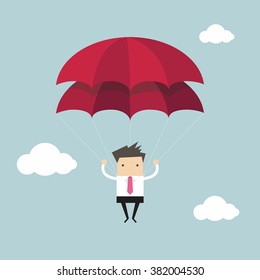 Businessman with parachute in the sky