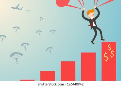businessman parachuting to goal graph, vector
