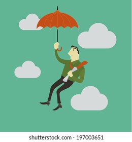 Businessman paragliding in the sky with an umbrella.