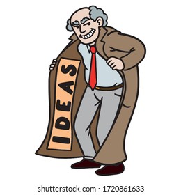 a businessman with parker hides an idea like a dealer under his jacket. comic, vector illustration.