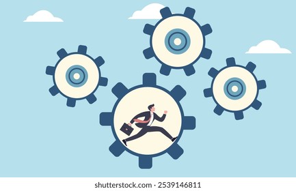 Empresário como parte de uma grande máquina, com engrenagens girando ao redor, representando a operação constante do trabalho e da carreira, ilustração simples, plana