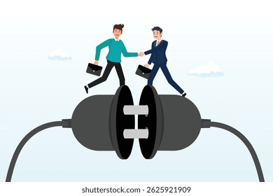 Businessman partner handshake on connecting electric plug, Business connection, teamwork collaboration, join force or agreement for success, partnership communication or customer support concept
