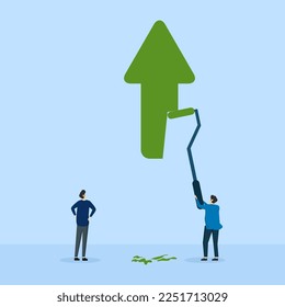 businessman partner help to paint green growth arrow graphic, Business profit growth, career advancement or development, investment income go up or partnership to help develop business concept.