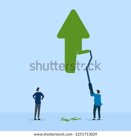businessman partner help to paint green growth arrow graphic, Business profit growth, career advancement or development, investment income go up or partnership to help develop business concept.
