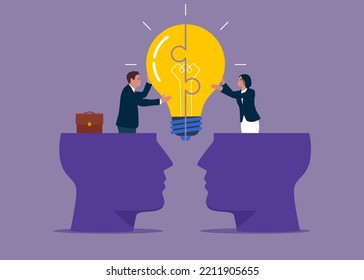 el empresario y su pareja abren la cabeza para conectar la sierra de luz. Comprender conduce al éxito, la solución de acuerdo para resolver problemas, la comunicación de equipo. Ilustración vectorial plana.