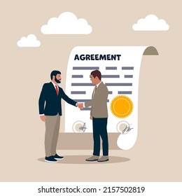 Businessman partner people shaking hand after signing business agreement document. Business deal, agreement or collaboration document, contract or success negotiation, executive handshaking concept.