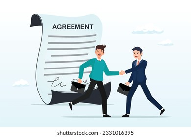 Businessman partner people shaking hand after signing business agreement document, business deal, agreement or collaboration document, contract or success negotiation, executive handshaking (Vector)