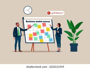 Businessman and partner present business model on whiteboard. Brainstorm for business idea or plan to achieve goal, management strategy. Flat modern vector illustration.