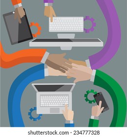 Businessman partners touch hand together for Team work with Technology for run thier business.