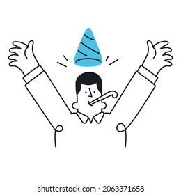 Businessman with party hat. Outline, linear, thin line, doodle art. Simple style with editable stroke.