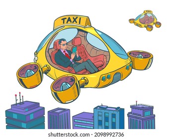 Businessman passenger. Drone air taxi, autopilot city transport. Helicopter of the future Isolate on a neutral background. Pop Art Retro Vector Illustration 50s 60s Vintage kitsch Style