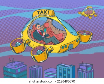 Businessman passenger. Drone air taxi, autopilot city transport. Helicopter of the future. Pop Art Retro Vector Illustration 50s 60s Vintage kitsch Style