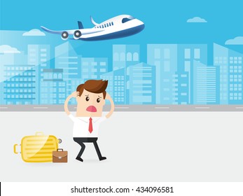 businessman or passenger late to missed the flight. plane flying on blue sky background