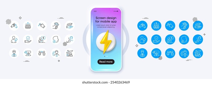 Businessman, Passenger and Unlock system line icons. Phone mockup with 3d energy icon. Pack of Refer friend, Meeting, Whisper icon. Judge hammer, Social distancing, Insurance hand pictogram. Vector