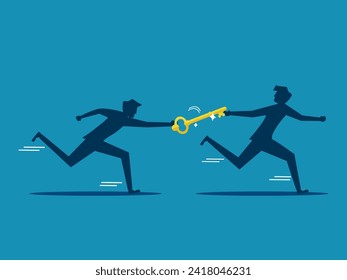 Businessman passes key to colleague while running. Forward work tips