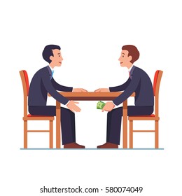 Businessman passing cash money under the table to his corrupted partner. Business bribery and kickback corruption concept. Flat style modern vector illustration isolated on white background. 