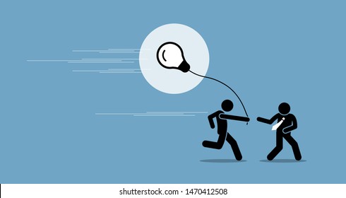 Businessman passing the idea to another person. Vector artwork depicts a runner passing a job, task, and idea to another guy to continue working on it. Concept of teamwork, pass over and continuation.