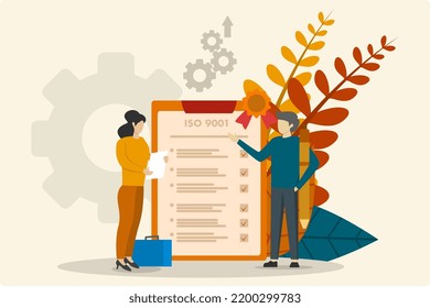 Businessman passing standard quality control flat isolated vector illustration. Document standardization industry. ISO system and international certification concept