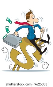 Businessman in pattern of dollar sign rodeo, cartoon style