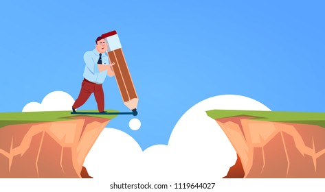 Businessman pave the way for gulf between mountain, leader draw road, start up concept, flat vector illustration