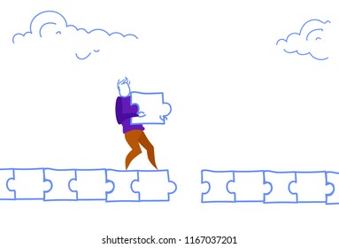 businessman pave way man making puzzle path jigsaw parts problem solution concept horizontal sketch doodle vector illustration