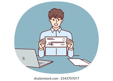 Businessman with paycheck sits at office desk with laptop showing off investments in start-ups from large corporations. Man with paycheck at his workplace demonstrates certificate for large amount