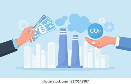 Businessman Paying Carbon tax. GHG Payment as Environmental Fee to Reduce CO2. Greenhouse Gas Cost of Emission or Pollution, Charged for Global Warming. Factory Pipe Emitting Toxic Smoke