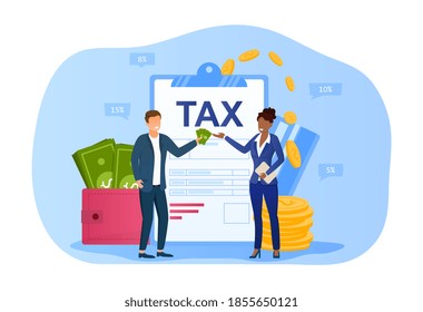 Businessman paying money to tax inspector. Tax document, declaration concept. Tax law and regulations, financial advisor, justice. Cartoon flat vector illustration with fictional characters