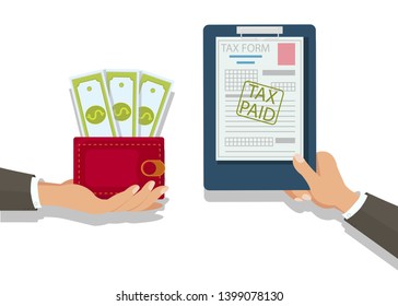 Businessman Paying Taxes Flat Vector Illustration. Financier Giving Bills Payment Form. Hand Holding Wallet with Green Dollar Banknotes. Financial Advising Company. Government Taxation, Economics