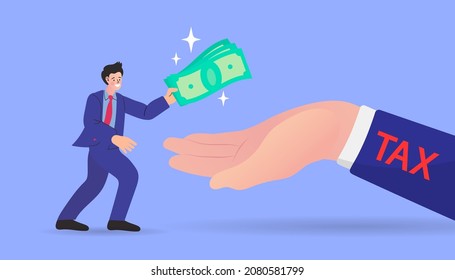 Businessman paying taxes. Government taxation. Hand holding dollar banknotes. hand giving cash money. Financial advising company. Flat cartoon vector illustration