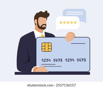 Businessman with payment credit card, online payments, internet banking, business on the internet. Flat vector hand drawn illustration isolated.
