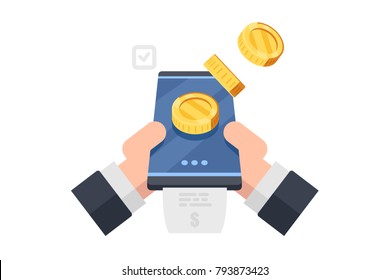 Businessman pays bills by phone.Money flies out of phone. Vector flat illustration isolated on white background