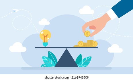 Businessman pays for a creative idea. Artist's work. Decent pay for creative work. Light Bulb ideas and money balance on the scale. Value of idea. Business concept. Flat style. Vector illustration.