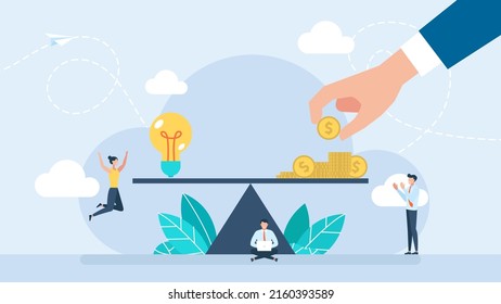 Empresario paga por una idea creativa. Artista feliz. Un pago decente por el trabajo creativo. Ideas de Light Bulb y balance de dinero en la escala. Valor de la idea. Concepto de negocio. Estilo plano. Ilustración vectorial.