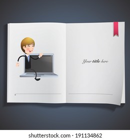 Businessman with PC printed on realistic book