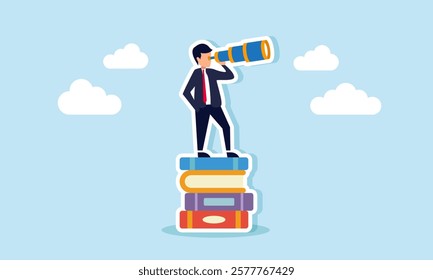 A businessman peering over a stack of books, illustration of analyzing and evaluating business performance based on annual reports